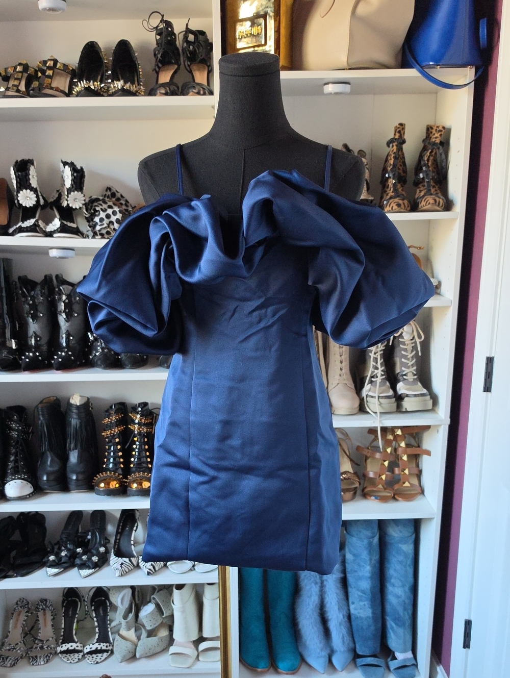Fashion Nova Navy Off-Shoulder Mini Dress with Statement Ruffle